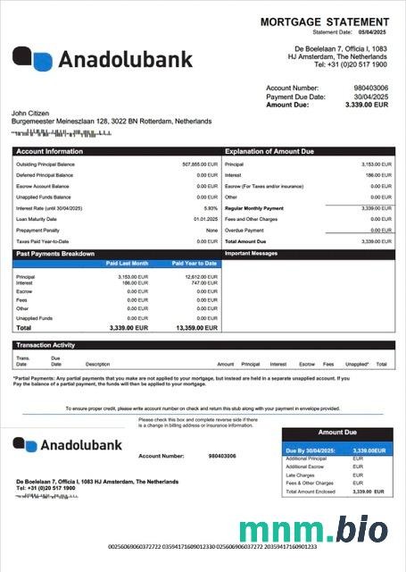 Holandia Anadolubank Nederland wyciąg z kredytu hipotecznego szablon Word i PDF